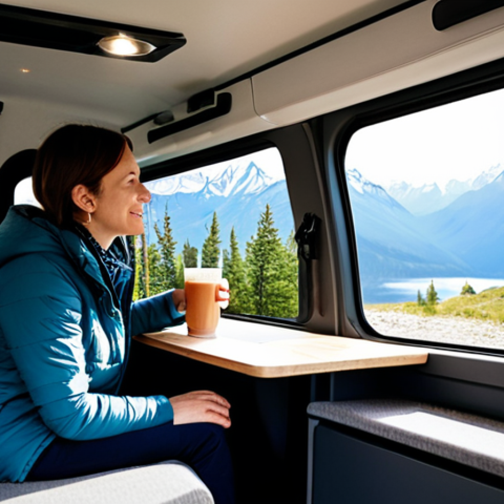 A professional individual, fully clothed in modest, comfortable outdoor attire, sitting inside a modern Ford Transit camper van. The van interior is clean, organized, and showcases a well-designed living space with subtle kitchen and bed elements. Through the van's open rear doors or large windows, a breathtaking scenic landscape of distant mountains and a serene lake is visible. The lighting is soft, natural, and inviting, suggesting either dawn or dusk. The subject is in a natural, contemplative pose, perhaps holding a warm beverage, looking out at the view. This image should convey a sense of peaceful adventure and freedom. Safe for work, appropriate content, fully clothed, professional, family-friendly, perfect anatomy, correct proportions, natural pose, well-formed hands, proper finger count, high-quality photography, realistic.