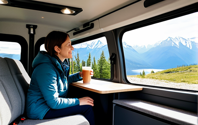 A professional individual, fully clothed in modest, comfortable outdoor attire, sitting inside a modern Ford Transit camper van. The van interior is clean, organized, and showcases a well-designed living space with subtle kitchen and bed elements. Through the van's open rear doors or large windows, a breathtaking scenic landscape of distant mountains and a serene lake is visible. The lighting is soft, natural, and inviting, suggesting either dawn or dusk. The subject is in a natural, contemplative pose, perhaps holding a warm beverage, looking out at the view. This image should convey a sense of peaceful adventure and freedom. Safe for work, appropriate content, fully clothed, professional, family-friendly, perfect anatomy, correct proportions, natural pose, well-formed hands, proper finger count, high-quality photography, realistic.