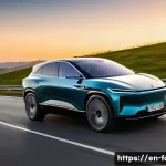 포드 머스탱 마하 E의 공기역학 설계 - A sleek electric SUV driving on a modern highway at sunset, showcasing a smoothly sloping roofline t...