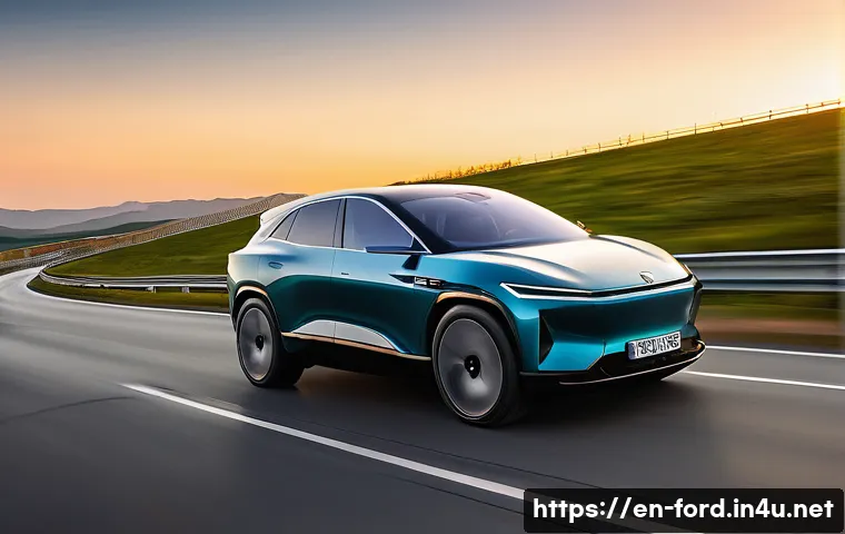 포드 머스탱 마하 E의 공기역학 설계 - A sleek electric SUV driving on a modern highway at sunset, showcasing a smoothly sloping roofline t...