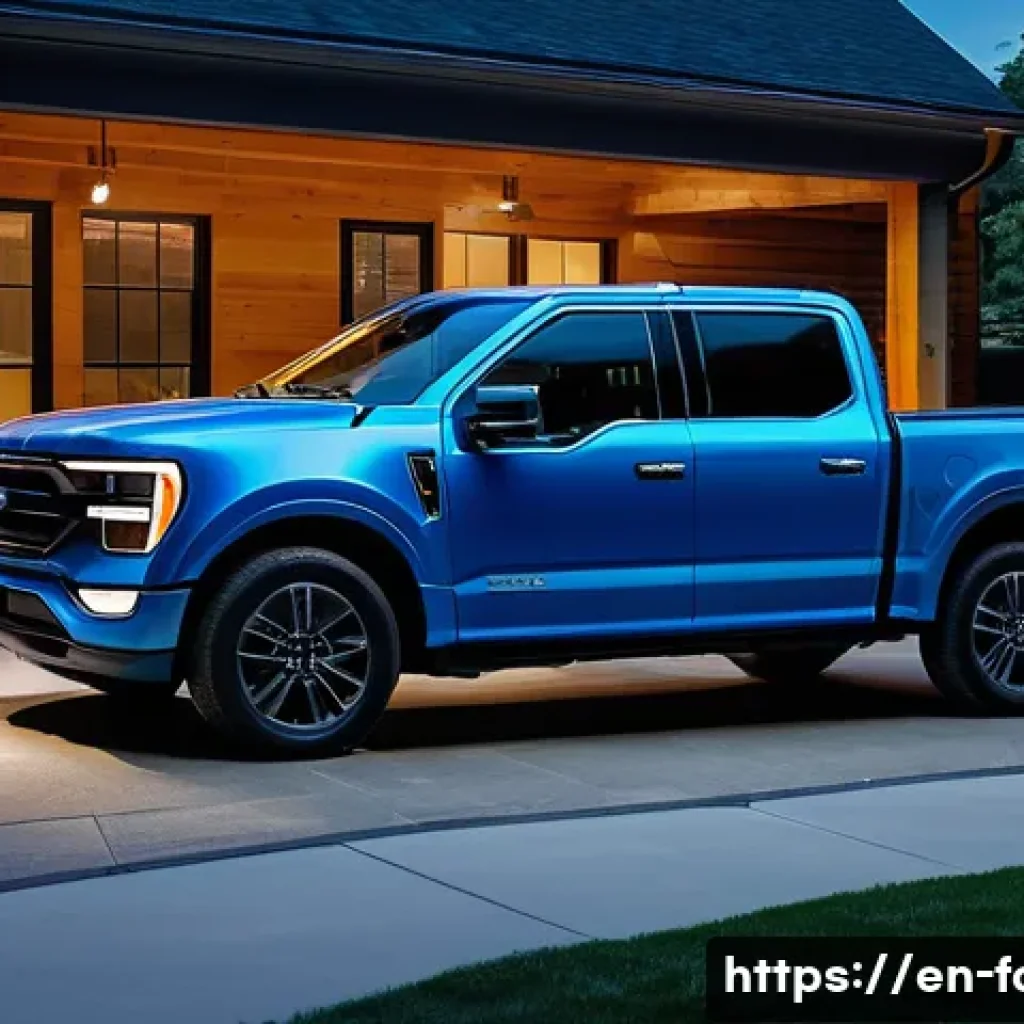 포드 F 150 라이트닝의 충전 시간 - A detailed scene showing a Ford F-150 Lightning plugged into a Level 2 home charger in a modern subu...