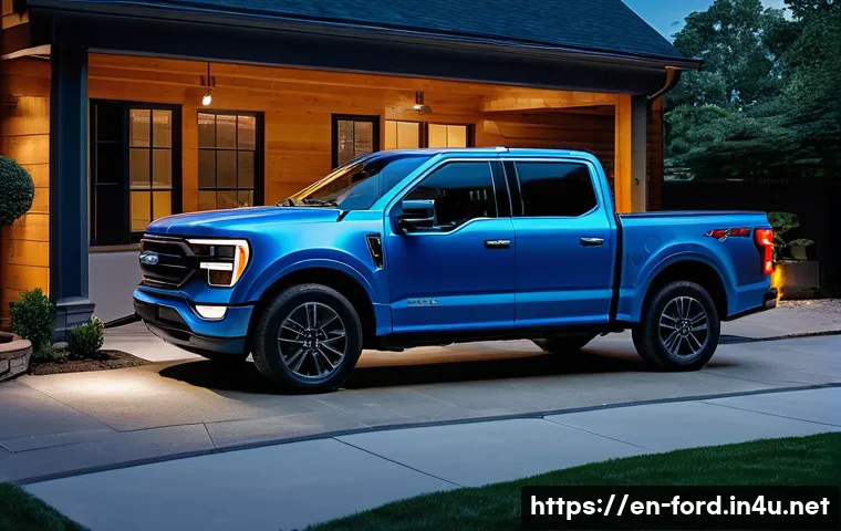 포드 F 150 라이트닝의 충전 시간 - A detailed scene showing a Ford F-150 Lightning plugged into a Level 2 home charger in a modern subu...