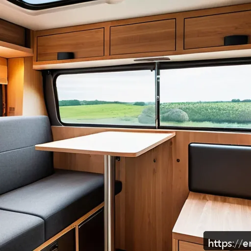 포드 트랜짓 캠핑카 변환 사례 - Interior view of a compact camper van conversion showcasing a smart foldable Murphy bed with a memor...