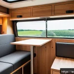 포드 트랜짓 캠핑카 변환 사례 - Interior view of a compact camper van conversion showcasing a smart foldable Murphy bed with a memor...