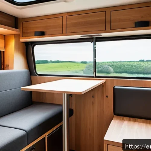 포드 트랜짓 캠핑카 변환 사례 - Interior view of a compact camper van conversion showcasing a smart foldable Murphy bed with a memor...