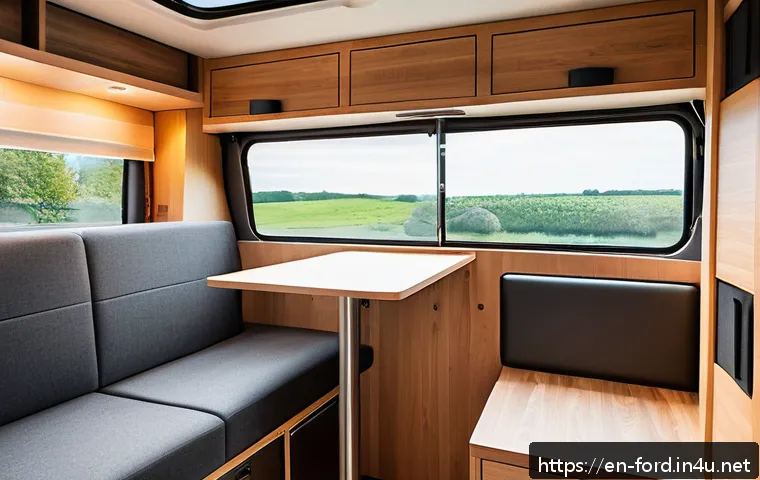 포드 트랜짓 캠핑카 변환 사례 - Interior view of a compact camper van conversion showcasing a smart foldable Murphy bed with a memor...