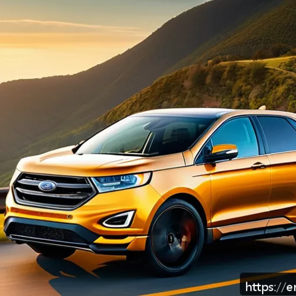 포드 에지와 도요타 RAV4 비교 - A sleek Ford Edge midsize SUV parked on a scenic highway overlook during golden hour, showcasing its...