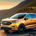 포드 에지와 도요타 RAV4 비교 - A sleek Ford Edge midsize SUV parked on a scenic highway overlook during golden hour, showcasing its...