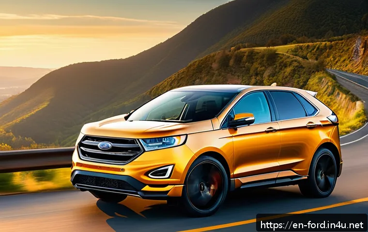 포드 에지와 도요타 RAV4 비교 - A sleek Ford Edge midsize SUV parked on a scenic highway overlook during golden hour, showcasing its...