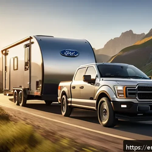 포드 F 150 하이브리드와 GMC 시에라 비교 - A dynamic scene showing a Ford F-150 Hybrid towing a large trailer through a scenic mountainous land...