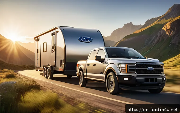포드 F 150 하이브리드와 GMC 시에라 비교 - A dynamic scene showing a Ford F-150 Hybrid towing a large trailer through a scenic mountainous land...