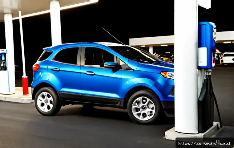 포드 에코스포츠의 연비 테스트 - Photorealistic compact crossover SUV resembling a Ford EcoSport with no visible badges, parked besid...