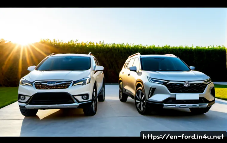 포드 에코스포츠와 현대 베뉴 소형 SUV 비교 - Photorealistic side-by-side comparison of two unbranded compact crossover SUVs, one with a slightly ...