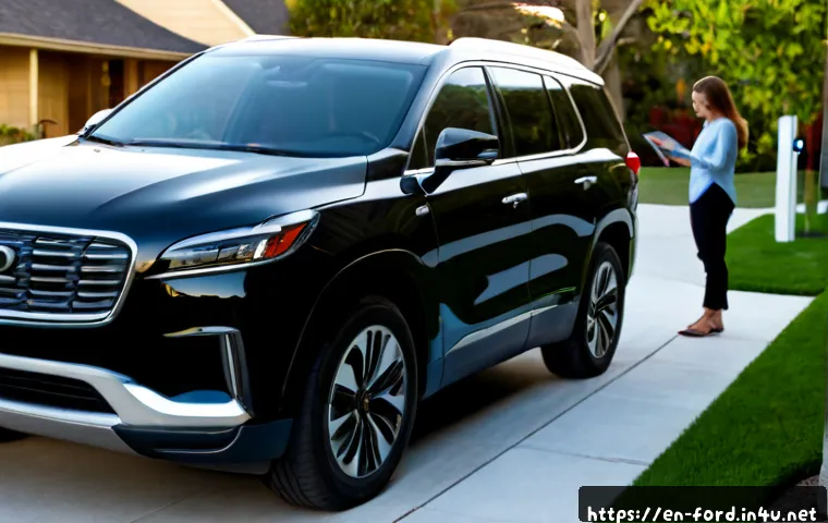 포드 익스플로러 플러그인 하이브리드의 보험료 비교 - Photorealistic suburban driveway scene featuring a modern midsize plug-in hybrid SUV with no visible...