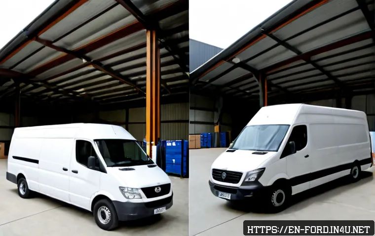 포드 트랜짓의 적재 공간 비교 - Photorealistic side-by-side comparison of two unbranded white full-size cargo vans parked in a clean...