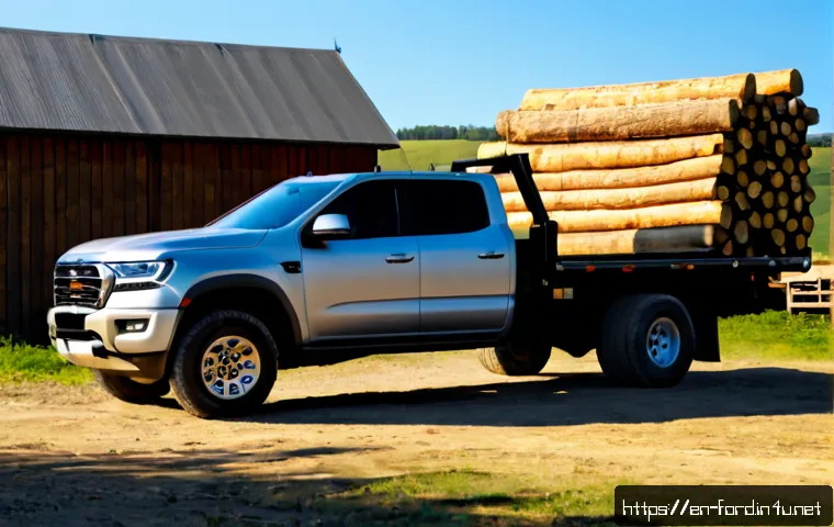 포드 레인저 디젤 모델의 장점 - Photorealistic modern midsize diesel pickup truck with no visible badge or logo, parked at a rural w...